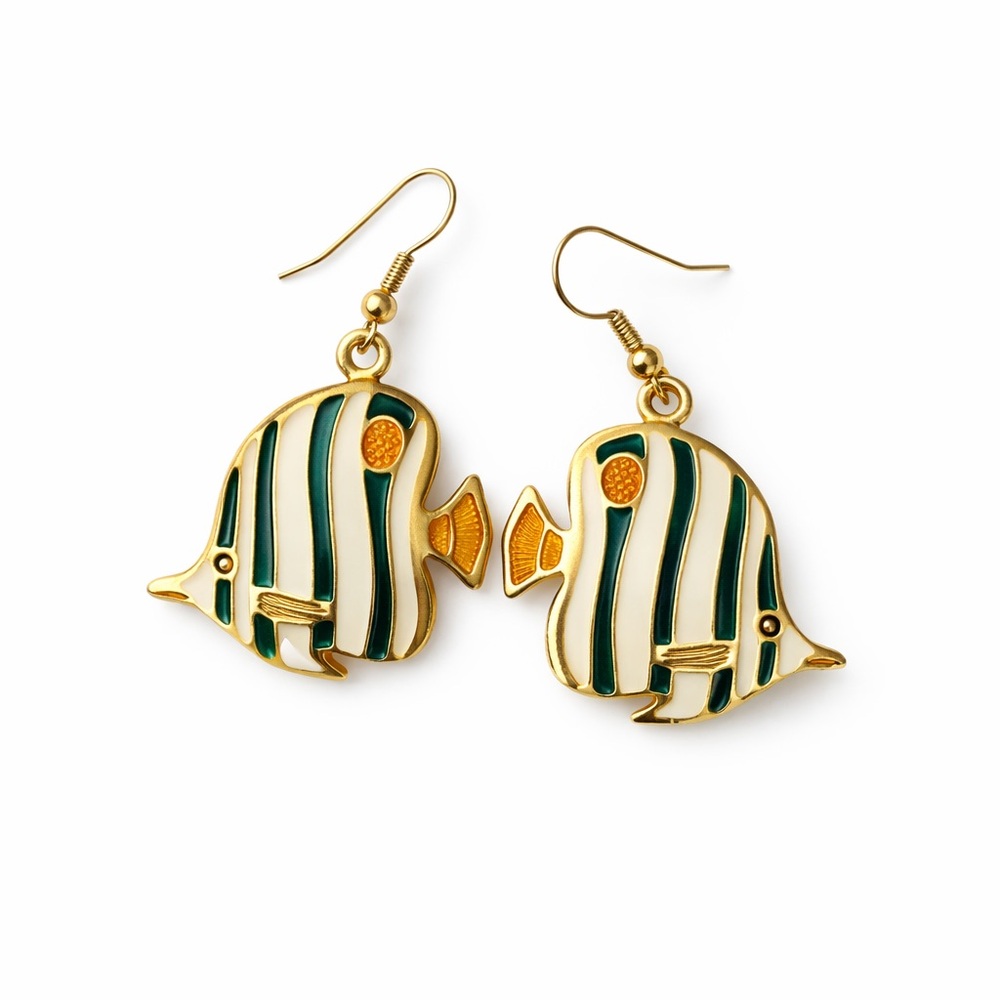 Gold Tone Green & White Striped Fish Hook Earrings